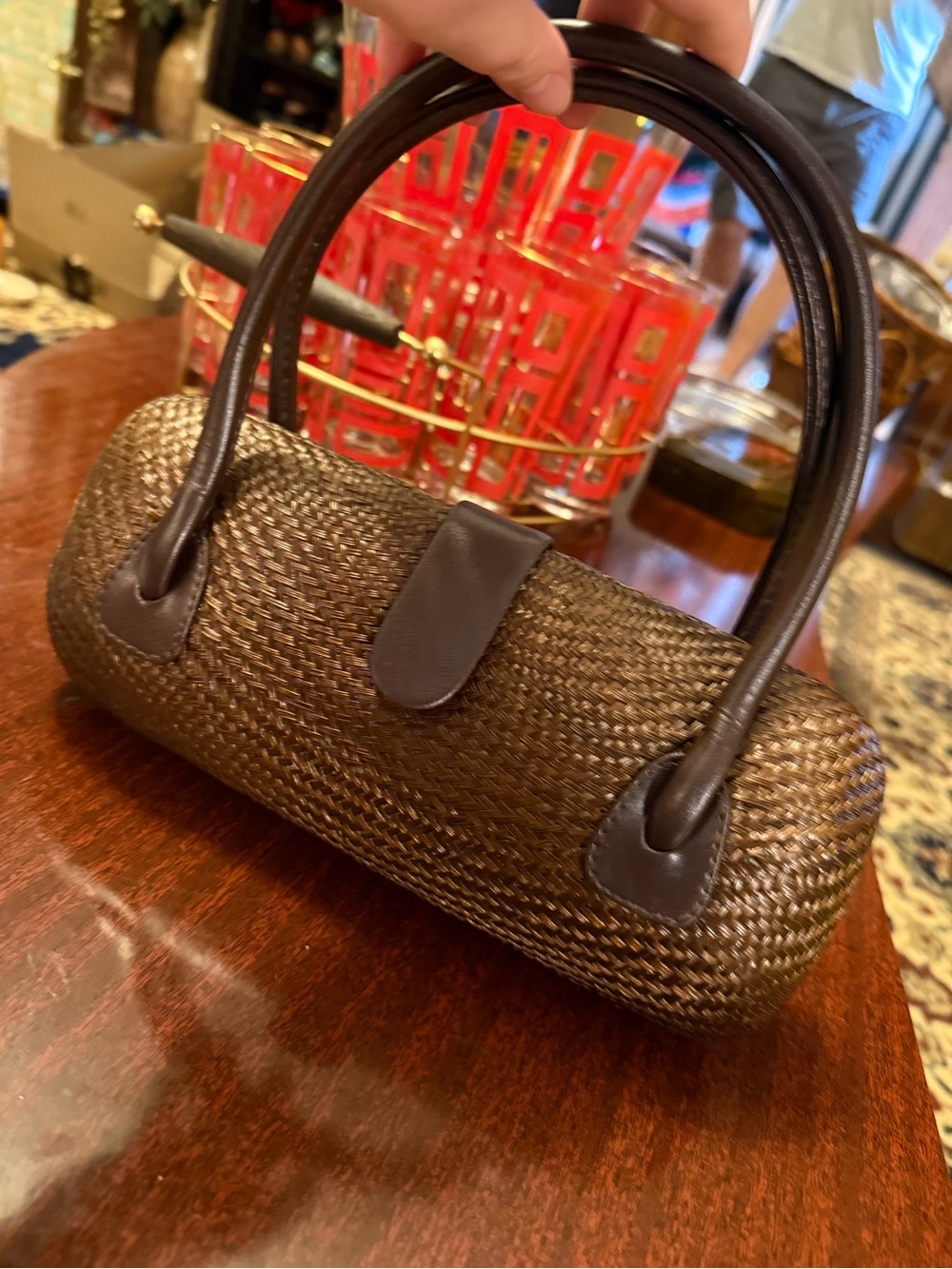 Dead Stock NWOT Woven Barrel-Style Handbag in Dark Brown- Le Sac